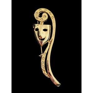 Vintage Theater Comedy Mask Brooch Pin 12 Rhinestones Gold Tone 3" Tall Smile